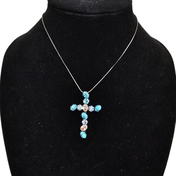 Vintage Southwestern Cross Pendant Necklace w/ Inset Turquoise and Rhinestones - Picture 1 of 5